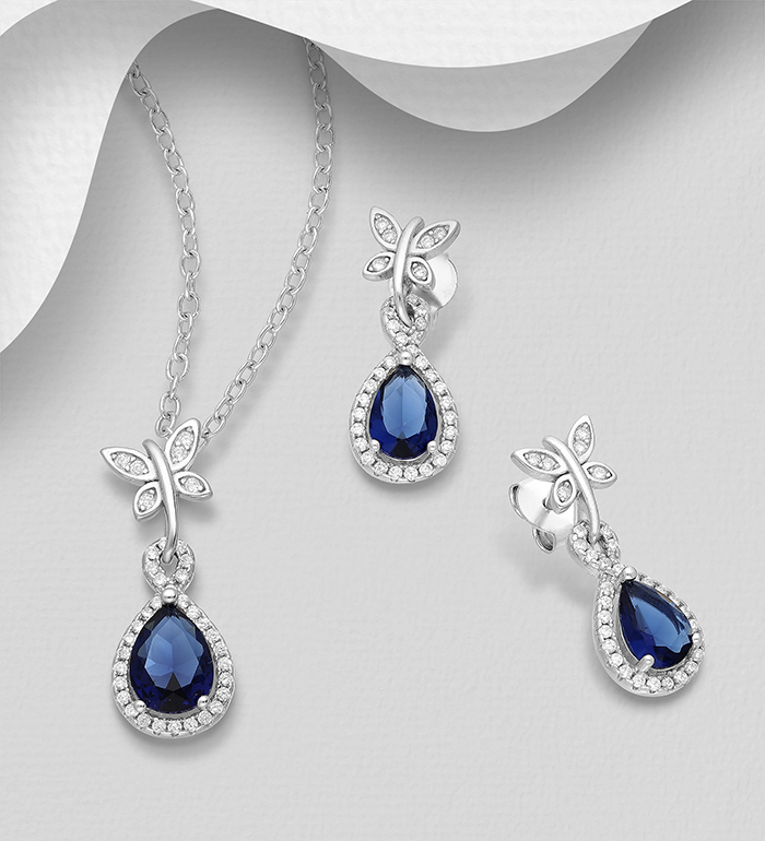 Wholesale 925 Sterling Silver Dragonfly and Droplet Halo Push-Back Earrings and Pendant Jewelry Set, Decorated with CZ Simulated Diamonds - SKU #848-1571