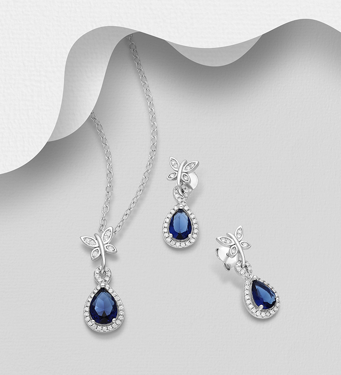 Wholesale 925 Sterling Silver Dragonfly and Droplet Halo Push-Back Earrings and Pendant Jewelry Set, Decorated with CZ Simulated Diamonds - SKU #848-1571