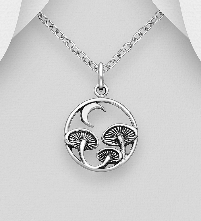 Wholesale 925 Sterling Silver Oxidized Mushroom and Moon Pendant - SKU #706-36056