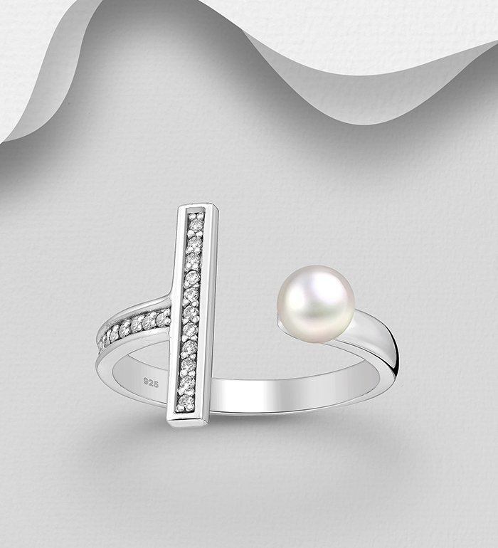 Wholesale 925 Sterling Silver Bar Adjustable Ring, Decorated with CZ Simulated Diamonds and FreshWater Pearl - SKU #382-6134