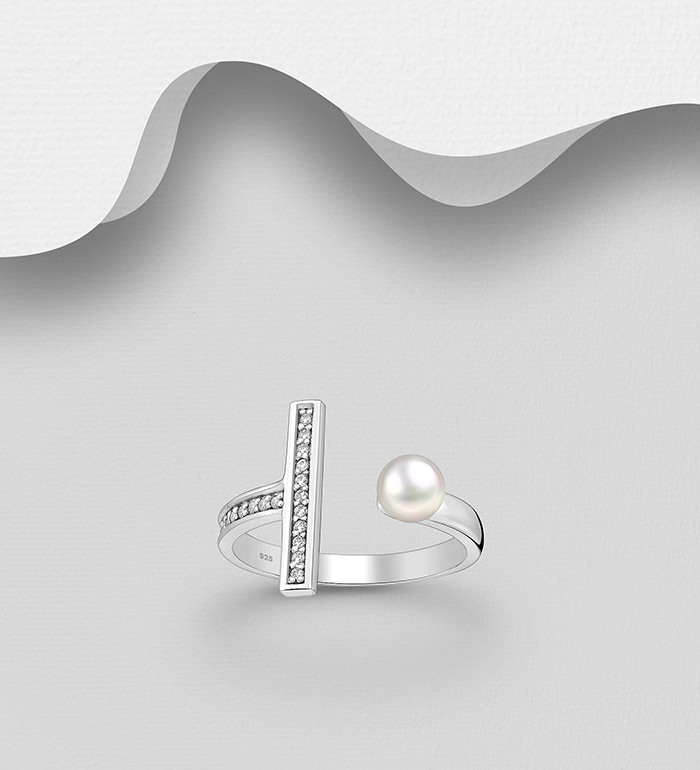 Wholesale 925 Sterling Silver Bar Adjustable Ring, Decorated with CZ Simulated Diamonds and FreshWater Pearl - SKU #382-6134