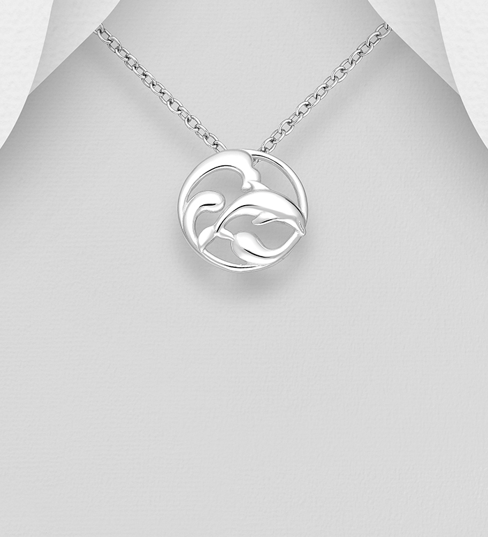 Wholesale 925 Sterling Silver Dolphin and Wave Pendant - SKU #1063-4075
