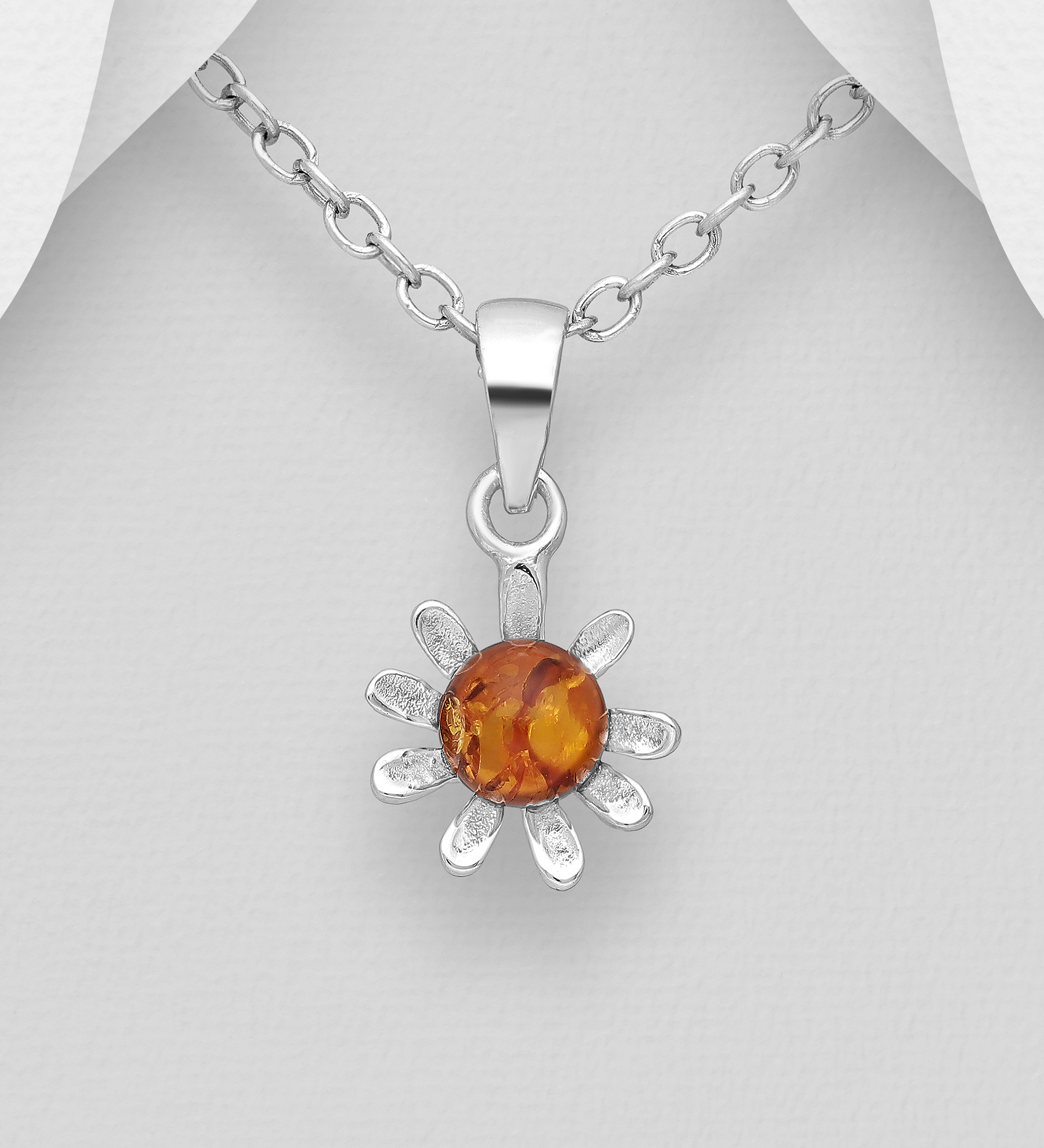 Wholesale 925 Sterling Silver Flower Pendant, Decorated with Baltic Amber - SKU #883-8543