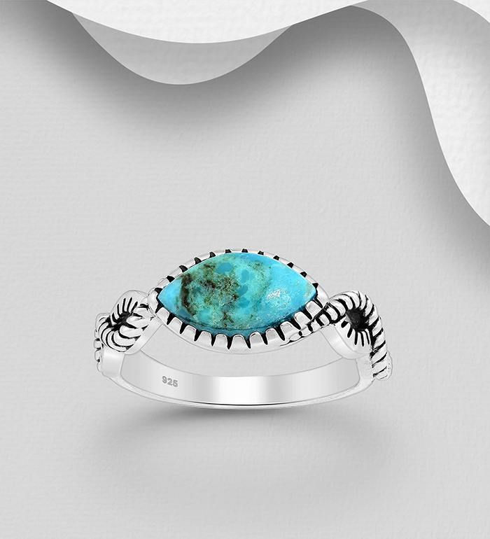FAH 925 - Wholesale 925 Sterling Silver Oxidized Ring, Decorated with Reconstructed Turquoise - SKU #1854-409