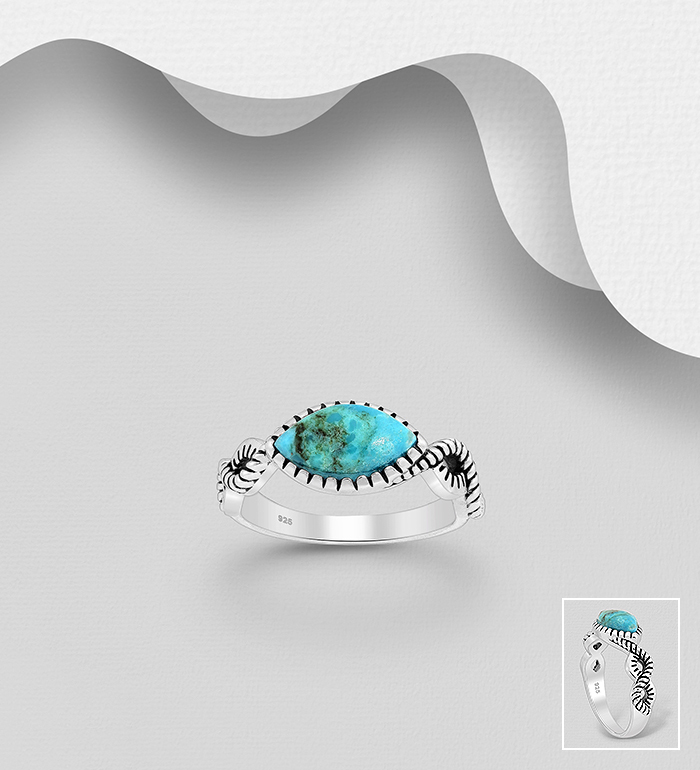 FAH 925 - Wholesale 925 Sterling Silver Oxidized Ring, Decorated with Reconstructed Turquoise - SKU #1854-409