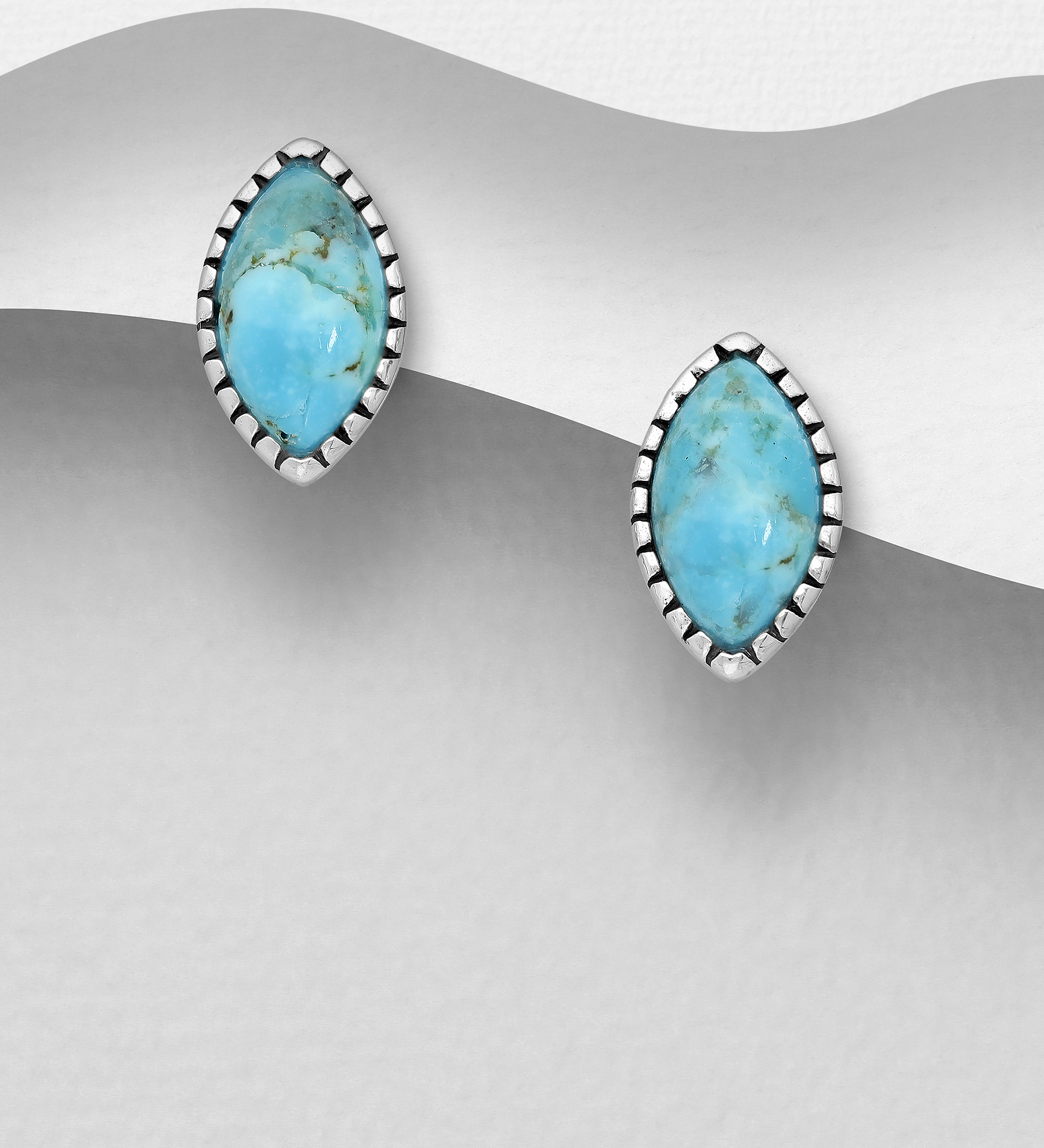 FAH 925 - Wholesale 925 Sterling Silver Oxidized Push-Back Earrings, Decorated with Reconstructed Turquoise - SKU #1854-410