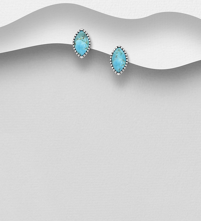FAH 925 - Wholesale 925 Sterling Silver Oxidized Push-Back Earrings, Decorated with Reconstructed Turquoise - SKU #1854-410