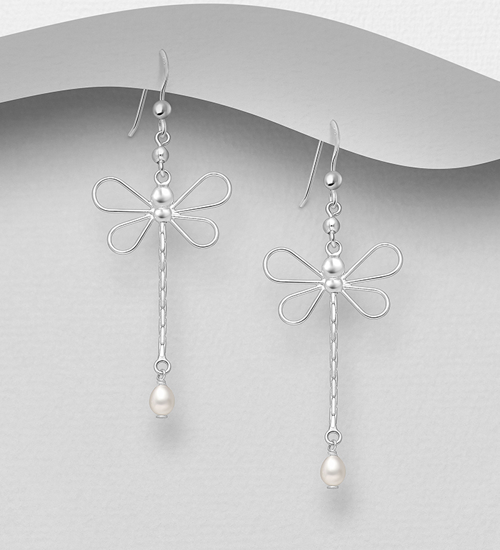 Wholesale 925 Sterling Silver Dragonfly Hook Earrings, Beaded with Freshwater Pearls - SKU #382-6145