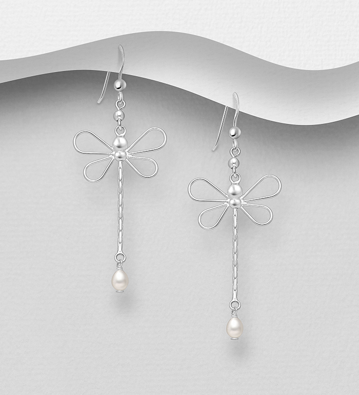 Wholesale 925 Sterling Silver Dragonfly Hook Earrings, Beaded with Freshwater Pearls - SKU #382-6145