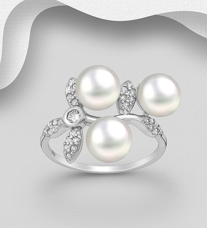 Wholesale 925 Sterling Silver Leaf Ring, Decorated with FreshWater Pearls and CZ Simulated Diamonds - SKU #382-6147