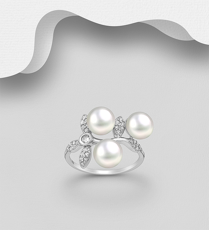 Wholesale 925 Sterling Silver Leaf Ring, Decorated with FreshWater Pearls and CZ Simulated Diamonds - SKU #382-6147