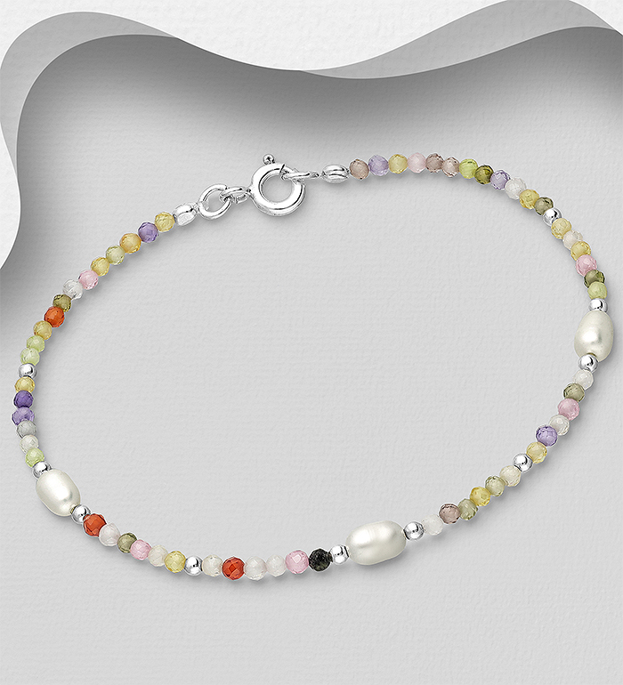 Wholesale 925 Sterling Silver Bracelet, Beaded with Freshwater Pearls and Crystal Glass - SKU #382-6156