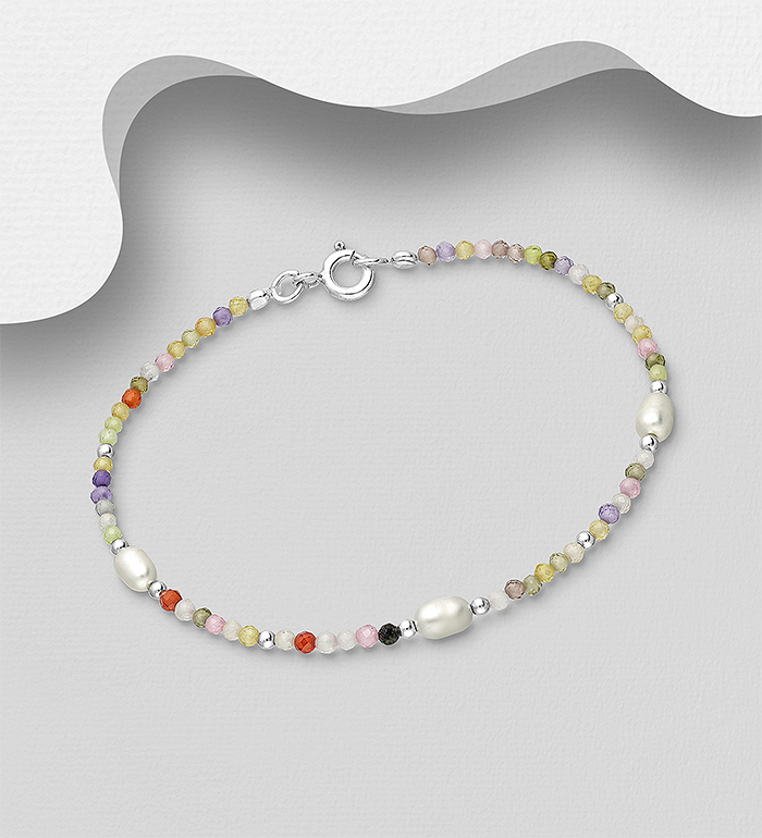 Wholesale 925 Sterling Silver Bracelet, Beaded with Freshwater Pearls and Crystal Glass - SKU #382-6156