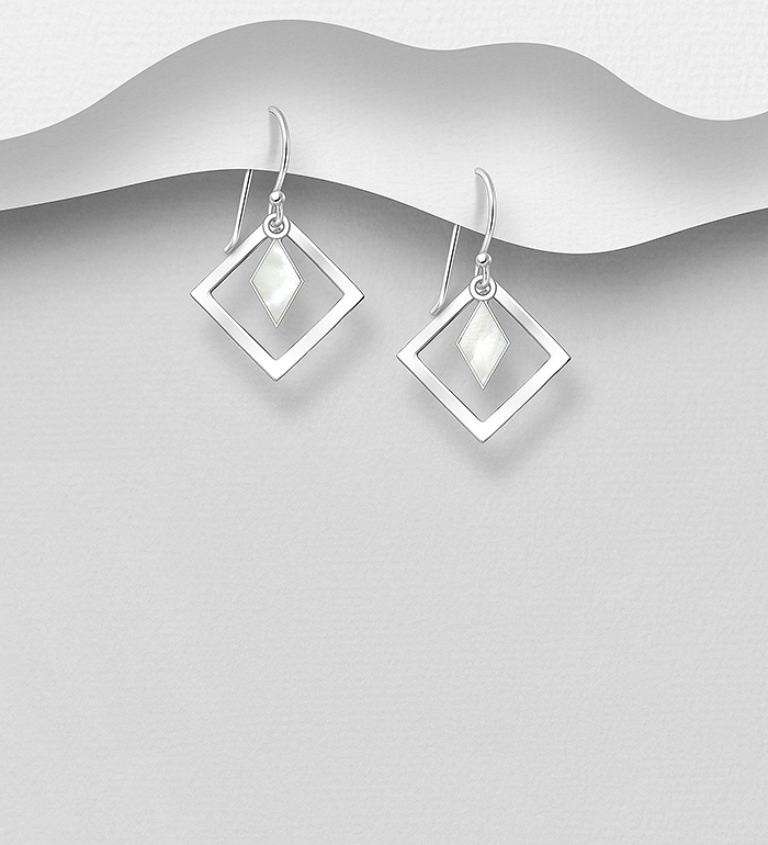 Wholesale 925 Sterling Silver Rhombus Hook Earrings, Decorated with Shell - SKU #789-4418