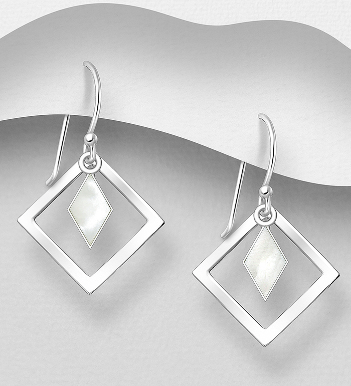 Wholesale 925 Sterling Silver Rhombus Hook Earrings, Decorated with Shell - SKU #789-4418