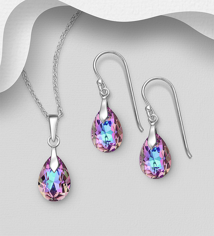 Sparkle by 7K - Wholesale 925 Sterling Silver Hook Earrings and Pendant Jewelry Set, Decorated with Fine Austrian Crystal - SKU #1583-604
