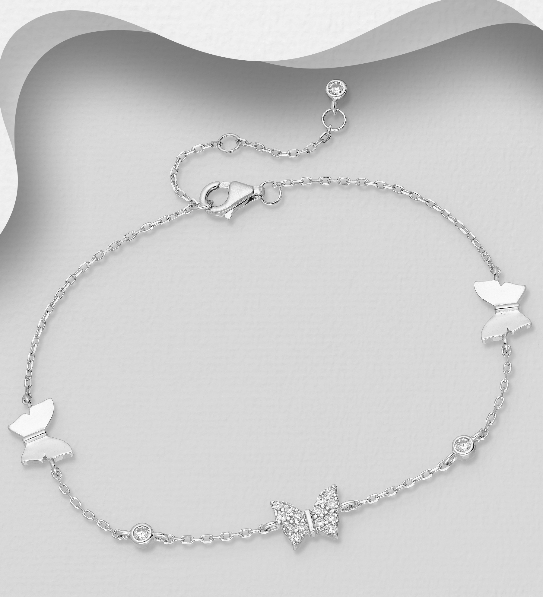 Wholesale 925 Sterling Silver Butterfly Bracelet, Decorated with CZ Simulated Diamonds - SKU #701-28298