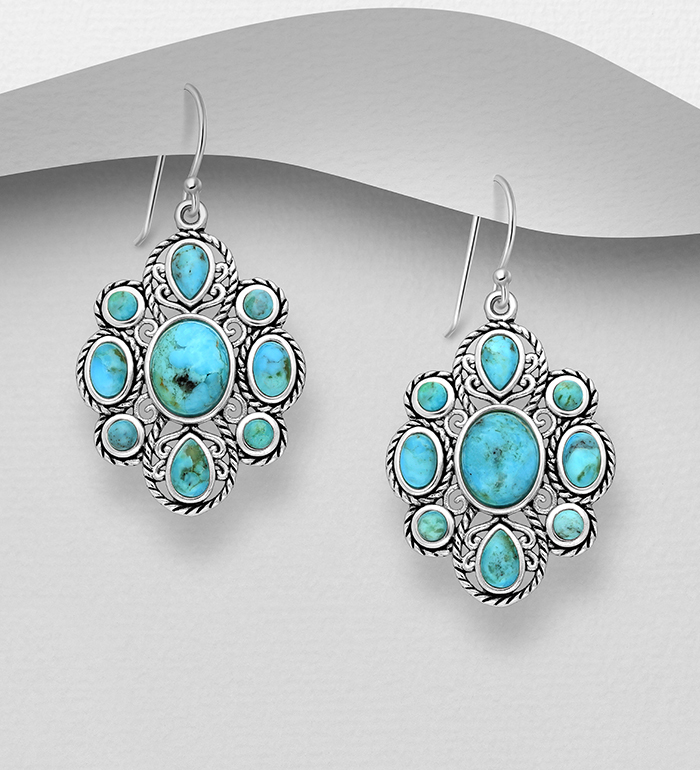 FAH 925 - Wholesale 925 Sterling Silver Oxidized Flower Hook Earrings, Decorated with Reconstructed Turquoise - SKU #1854-420