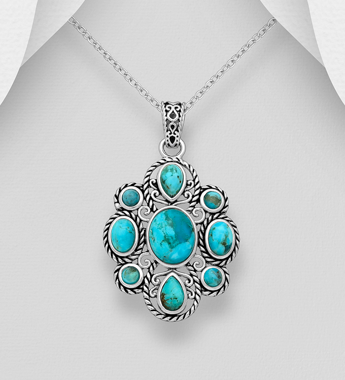 FAH 925 - Wholesale 925 Sterling Silver Oxidized Pendant, Decorated with Reconstructed Turquoise - SKU #1854-422