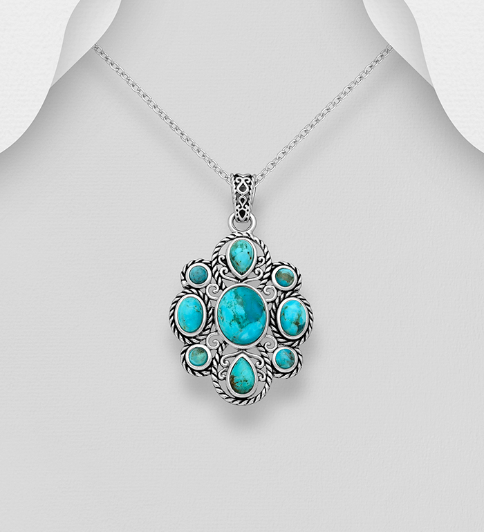 FAH 925 - Wholesale 925 Sterling Silver Oxidized Pendant, Decorated with Reconstructed Turquoise - SKU #1854-422