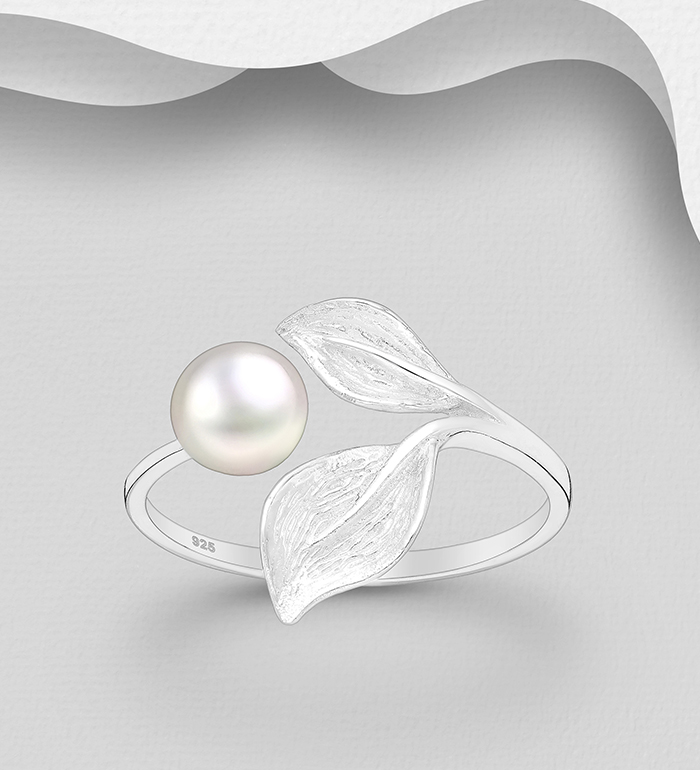Wholesale 925 Sterling Silver Leaf Adjustable Ring, Decorated with Freshwater Pearl - SKU #1063-4168