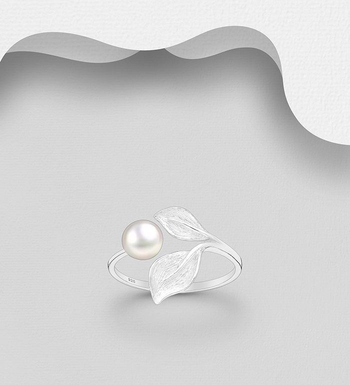 Wholesale 925 Sterling Silver Leaf Adjustable Ring, Decorated with Freshwater Pearl - SKU #1063-4168