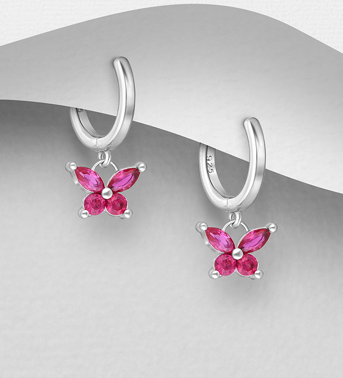 Wholesale 925 Sterling Silver Butterfly Hoop Earrings, Decorated with CZ Simulated Diamonds - SKU #701-27807A
