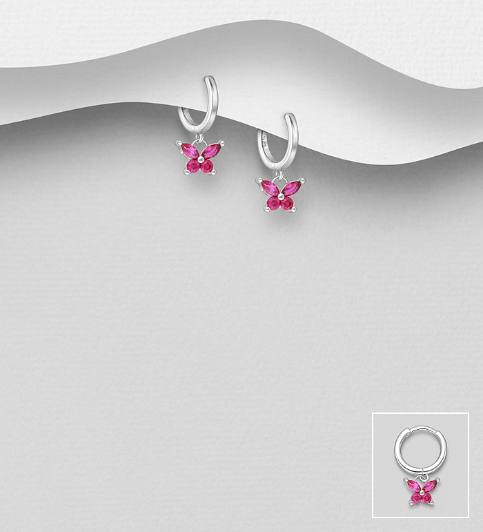 Wholesale 925 Sterling Silver Butterfly Hoop Earrings, Decorated with CZ Simulated Diamonds - SKU #701-27807A