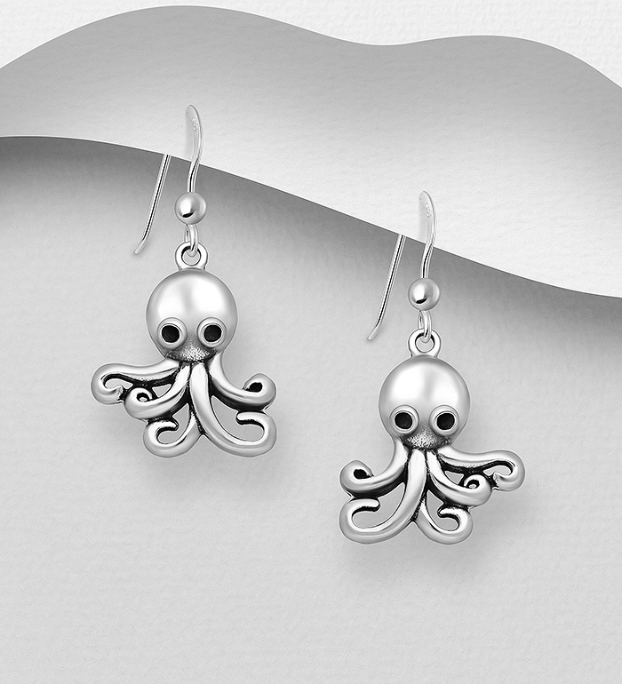 Wholesale 925 Sterling Silver Oxidized
Octopus Hook Earrings - SKU #1063-1010A
