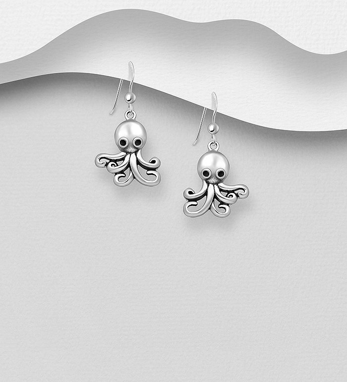 Wholesale 925 Sterling Silver Oxidized
Octopus Hook Earrings - SKU #1063-1010A