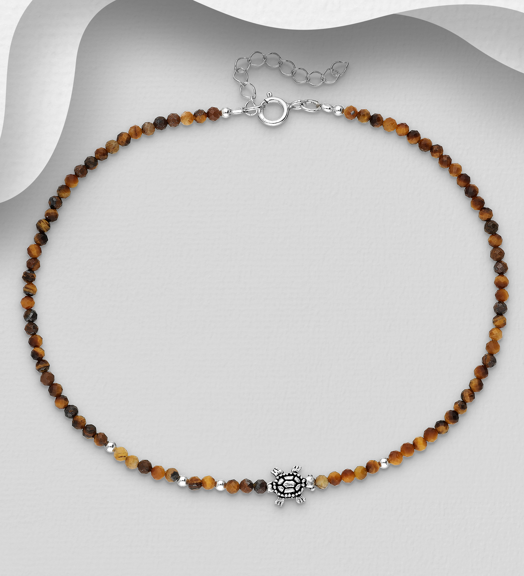 Wholesale 925 Sterling Silver Oxidized Turtle Anklet, Beaded with Various Gemstone Beads - SKU #1562-477