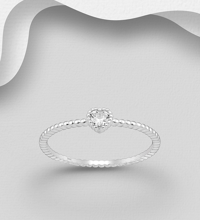 Wholesale 925 Sterling Silver Heart Ring, Decorated with CZ Simulated Diamond - SKU #701-28409