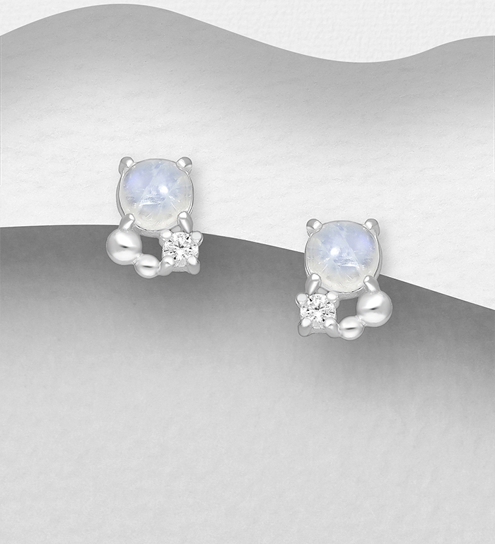 Wholesale 925 Sterling Silver Push-Back Earrings, Decorated with Rainbow Moonstone and CZ Simulated Diamonds - SKU #1063-4218
