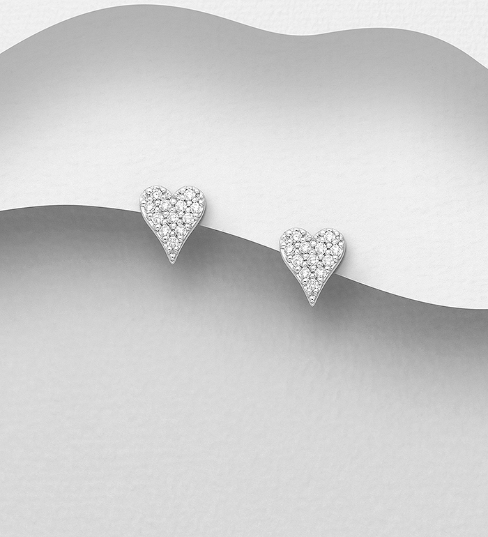 Wholesale 925 Sterling Silver Heart Push-Back Earrings, Decorated with CZ Simulated Diamonds - SKU #1063-4226