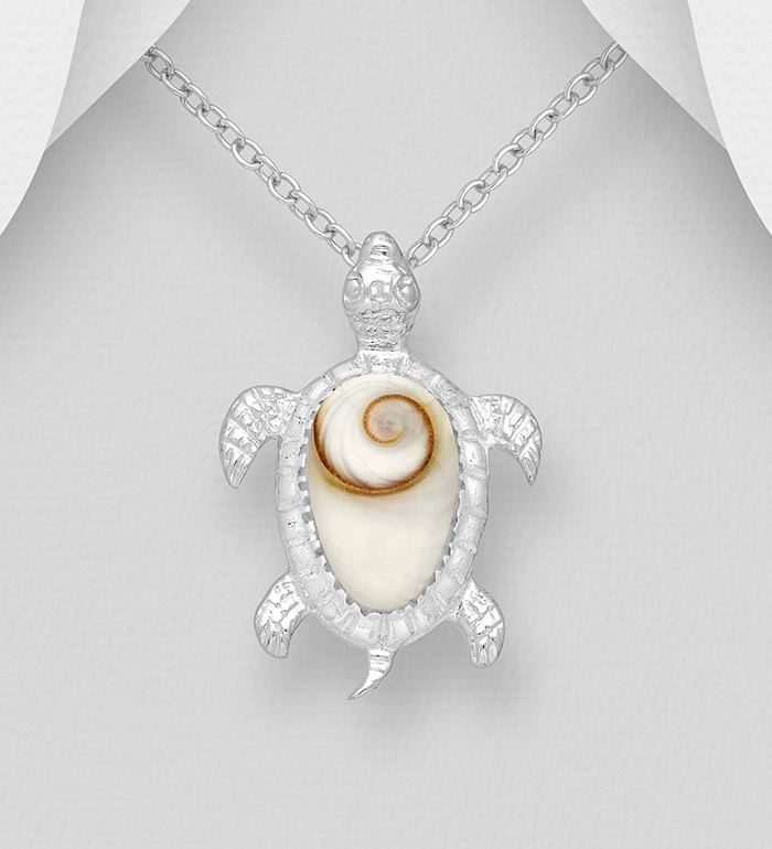Wholesale 925 Sterling Silver Turtle Pendant, Decorated with Shiva Shell - SKU #966-622