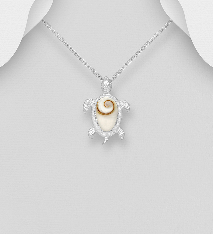 Wholesale 925 Sterling Silver Turtle Pendant, Decorated with Shiva Shell - SKU #966-622