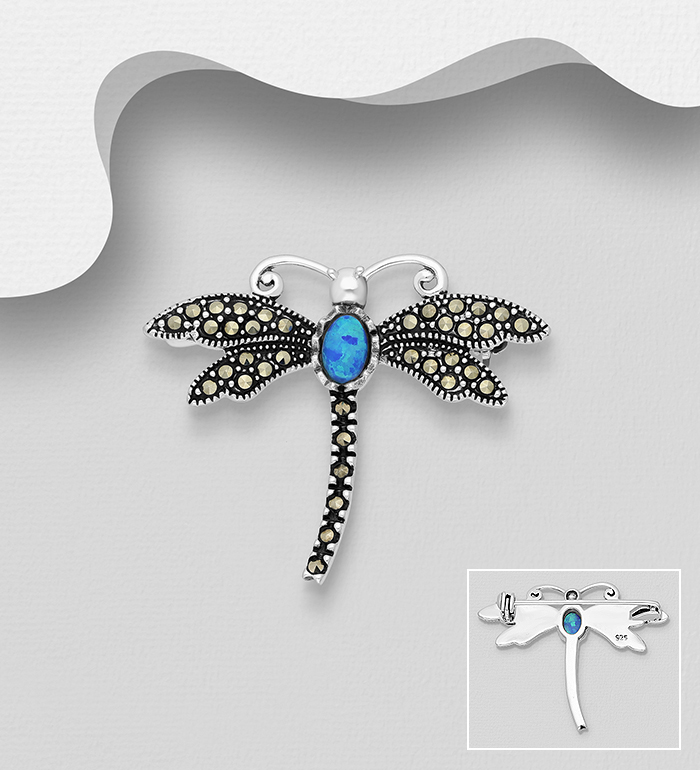 Wholesale 925 Sterling Silver Dragonfly Brooch, Decorated with Lab-Created Opal and Marcasite - SKU #565-7089