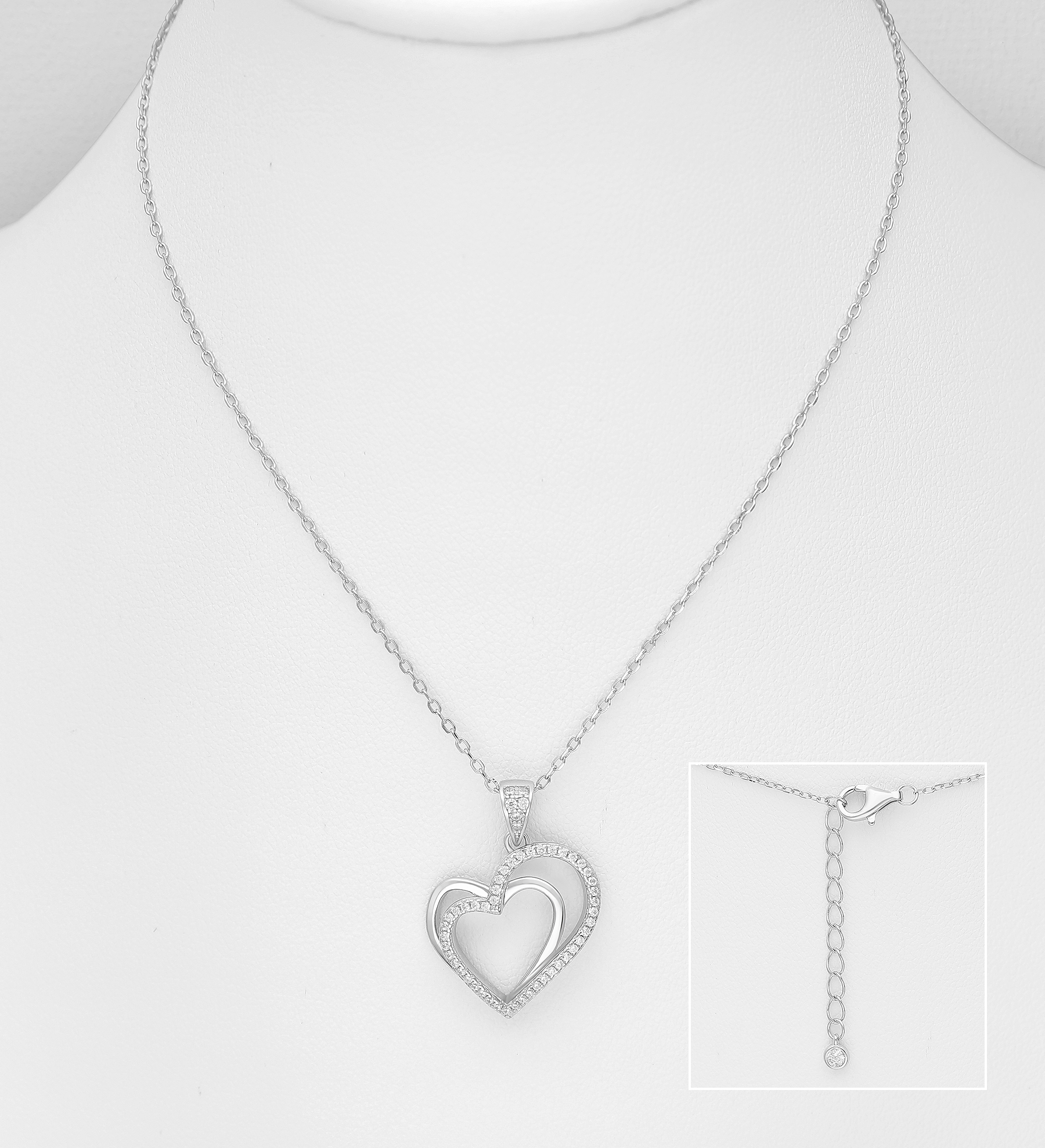 Wholesale 925 Sterling Silver Heart Necklace, Decorated with CZ Simulated Diamonds - SKU #701-28579