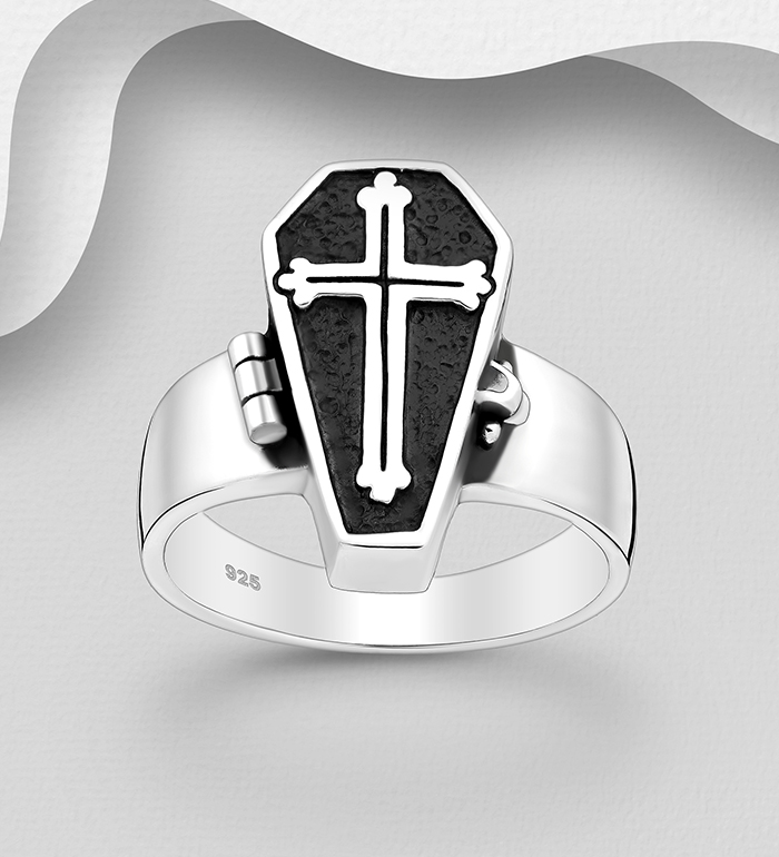 Wholesale 925 Sterling Silver Oxidized Coffin Cross Locket Ring - SKU #1563-1138