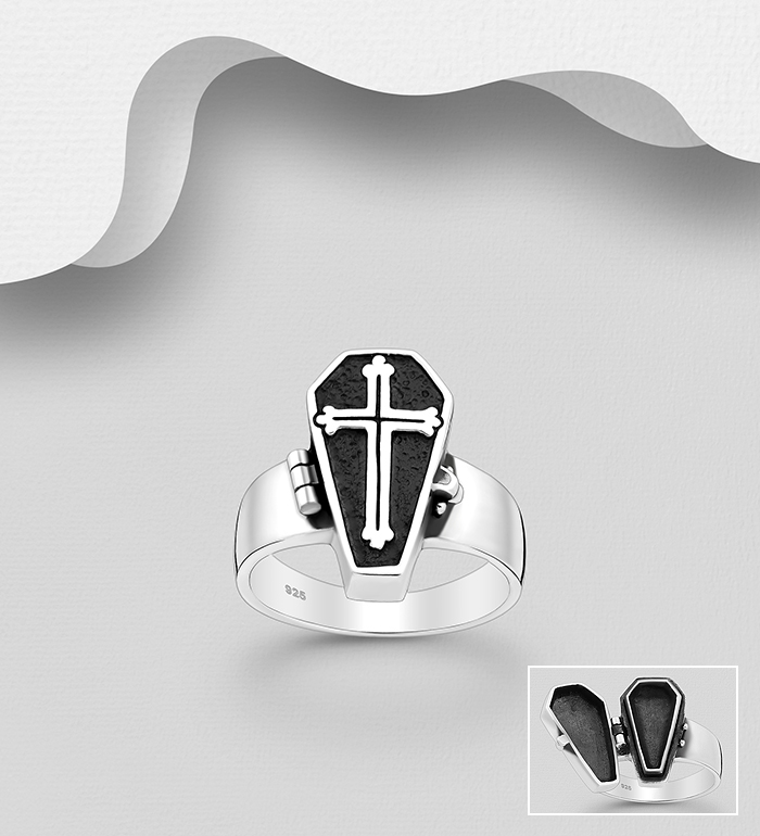 Wholesale 925 Sterling Silver Oxidized Coffin Cross Locket Ring - SKU #1563-1138