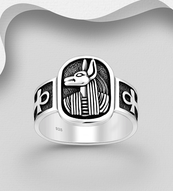 Wholesale 925 Sterling Silver Oxidized Egyptian Deity - Anubis and Cross Ring - SKU #1563-1139