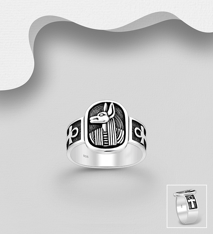 Wholesale 925 Sterling Silver Oxidized Egyptian Deity - Anubis and Cross Ring - SKU #1563-1139
