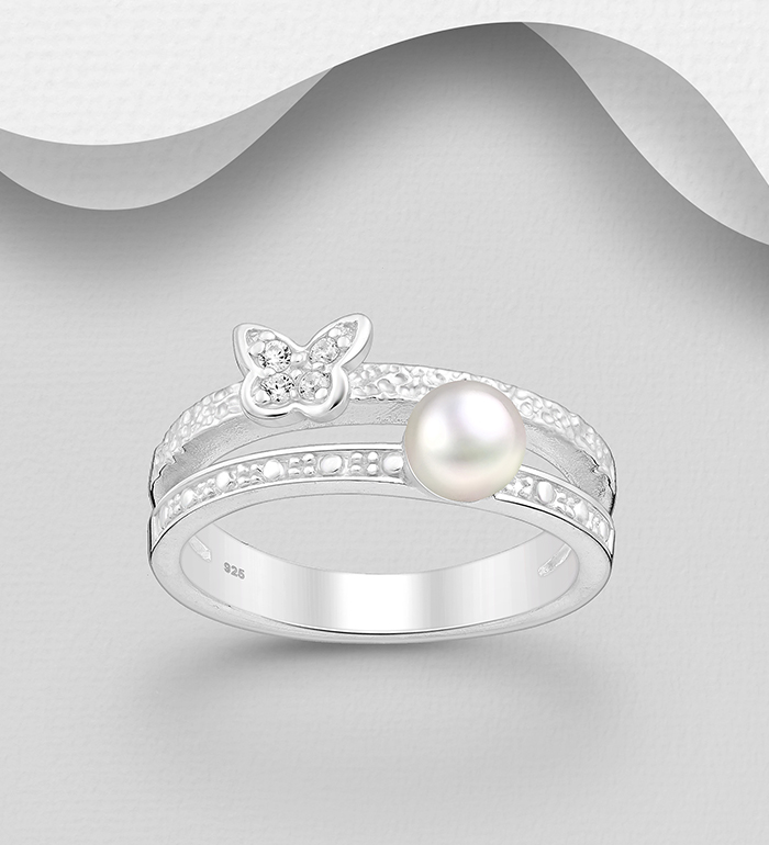 Wholesale 925 Sterling Silver Butterfly Layered Ring, Decorated with CZ Simulated Diamonds and Freshwater Pearls - SKU #382-6236