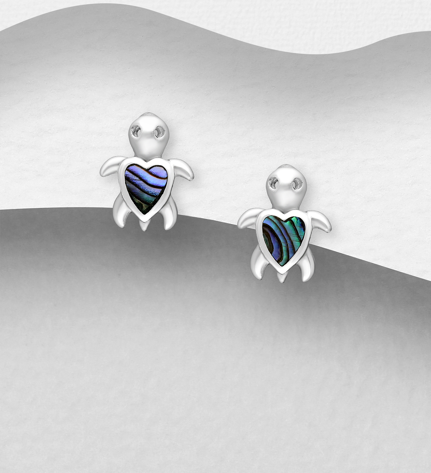 Wholesale 925 Sterling Silver Heart Turtle Push-Back Earrings, Decorated with Shell - SKU #789-4519