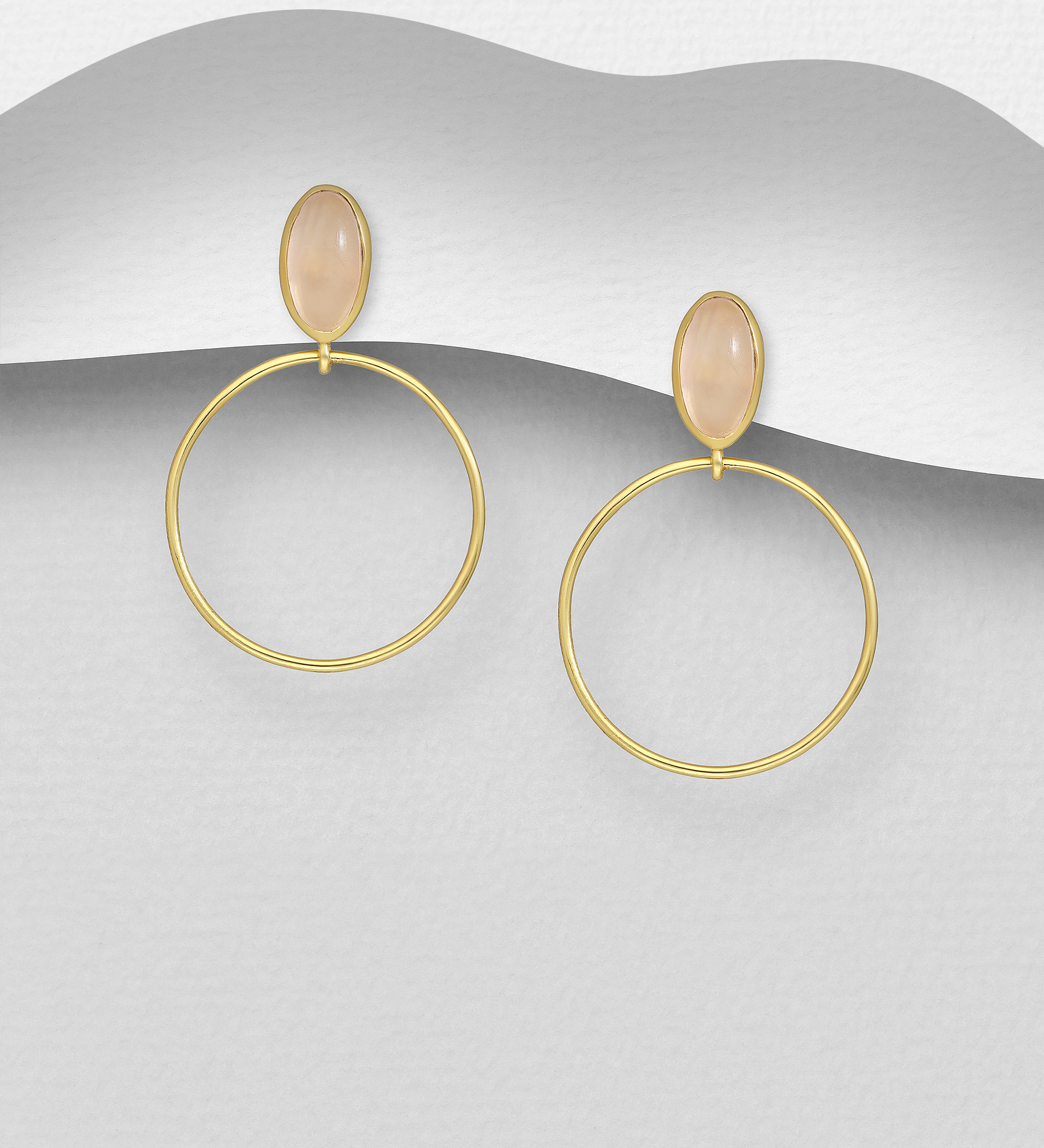 Desire by 7K - Wholesale 925 Sterling Silver Push-Back Earrings, Decorated with Rose Quartz, Plated with 0.3 Micron 18K Yellow Gold - SKU #2070-82