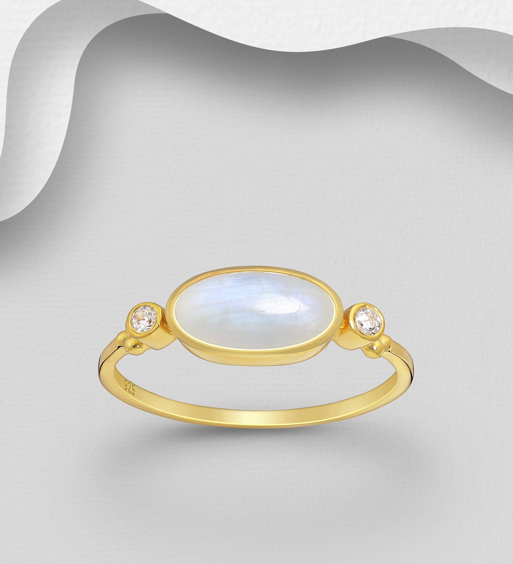 Desire by 7K - Wholesale 925 Sterling Silver Ring, Decorated with Rainbow Moonstone and White Zircon, Plated with 0.3 Micron 18K Yellow Gold - SKU #2070-83A