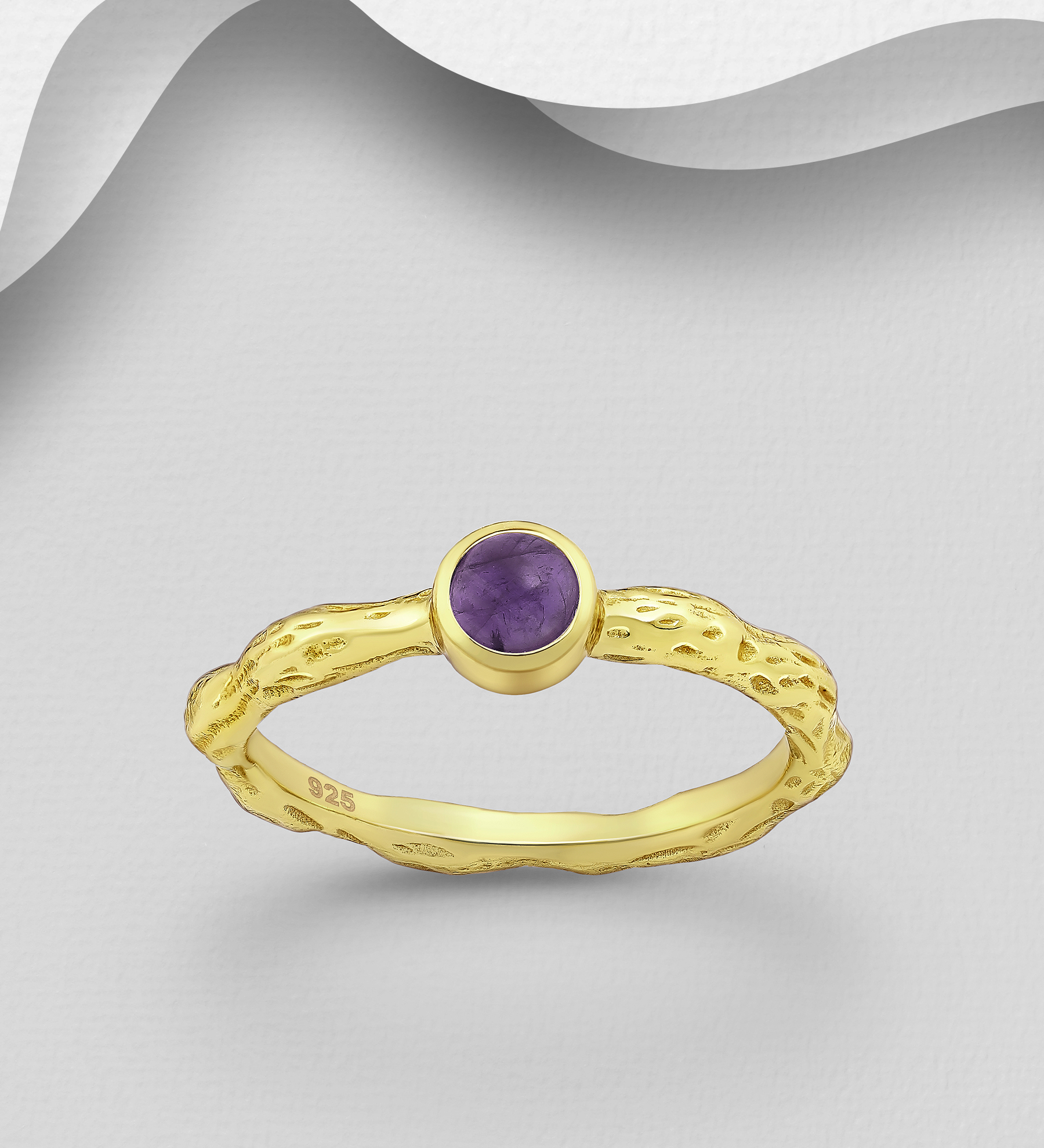 Desire by 7K - Wholesale 925 Sterling Silver Ring, Decorated with Amethyst, Plated with 0.3 Micron 18K Yellow Gold - SKU #2070-91B