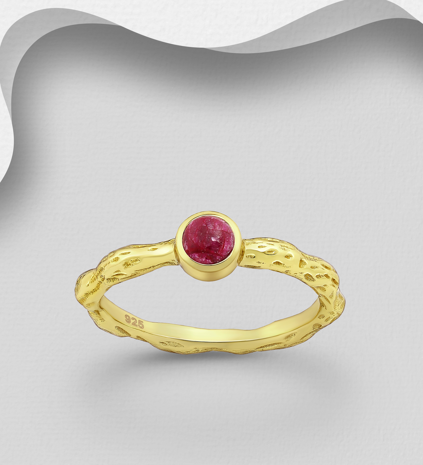 Desire by 7K - Wholesale 925 Sterling Silver Ring, Decorated with Dyed Red Sapphire, Plated with 0.3 Micron 18K Yellow Gold - SKU #2070-91D