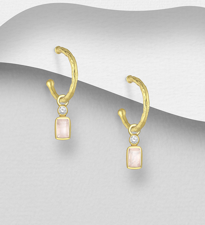 Desire by 7K - Wholesale 925 Sterling Silver Push-Back Earrings, Decorated with Rose Quartz and White Zircon, Plated with 0.3 Micron 18K Yellow Gold - SKU #2070-92