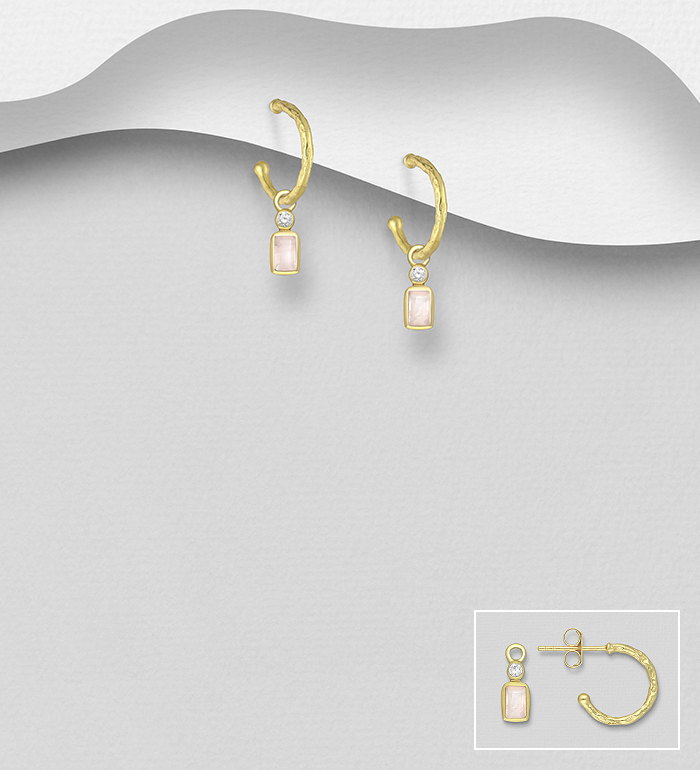 Desire by 7K - Wholesale 925 Sterling Silver Push-Back Earrings, Decorated with Rose Quartz and White Zircon, Plated with 0.3 Micron 18K Yellow Gold - SKU #2070-92